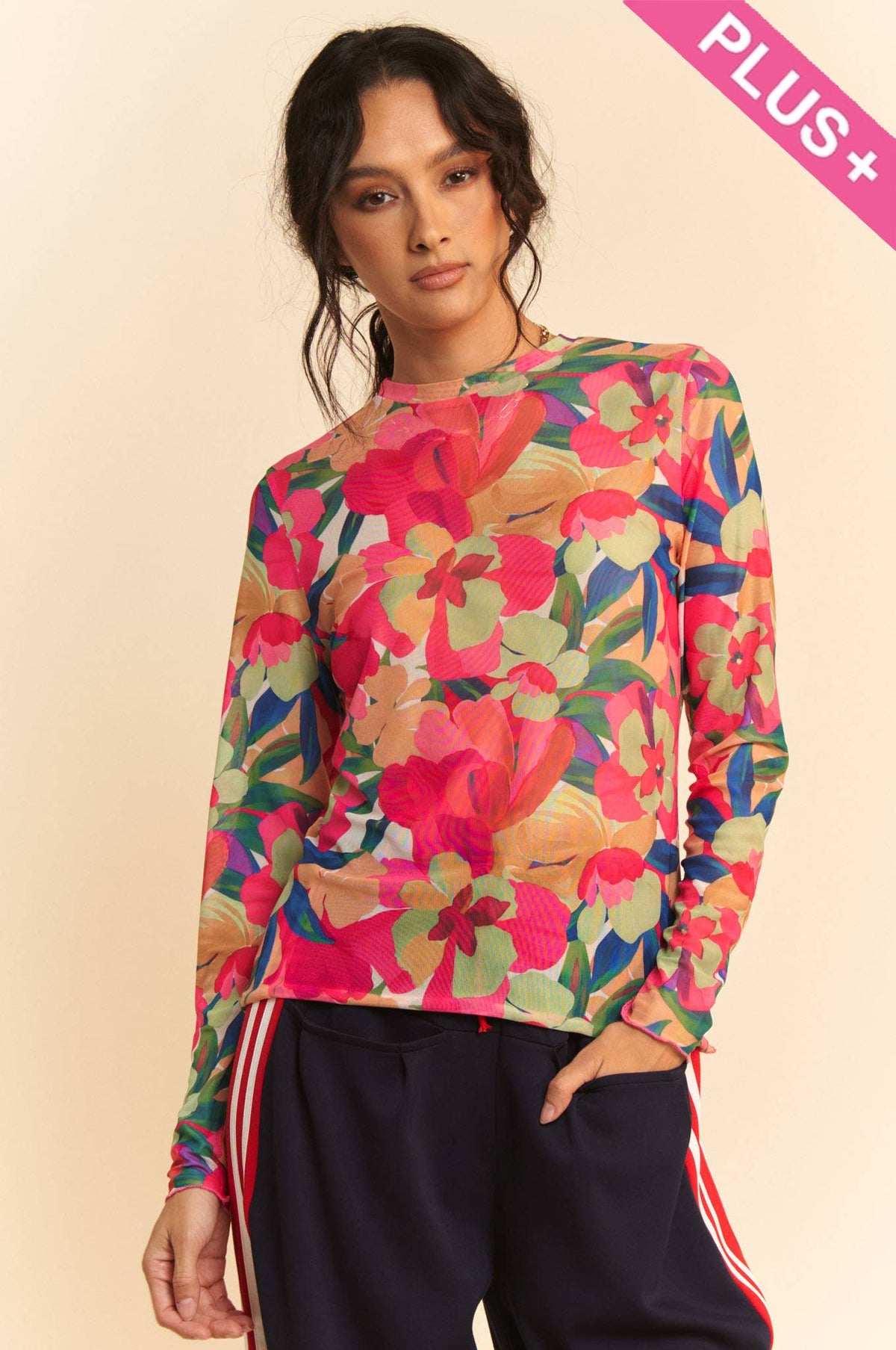 Plus - Vibrant Floral Print Mesh Long Sleeve Top: Pink Multi / 3XL