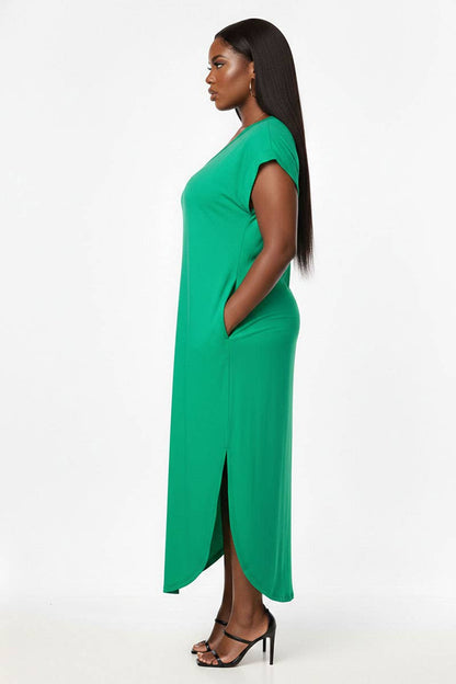 Plus Size Hidden Pocket Batwing Sleeve V Neck Long Dress: MANGO / 2X