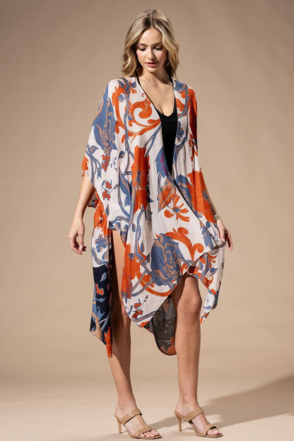 Dusk Floral Viscose Kimono: ORANGE BLUE MULTI