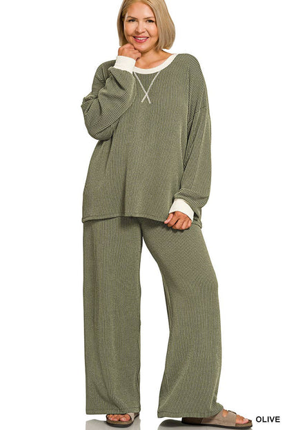 Plus Raised Rib Round Neck Pullover & Pants 2PC Set: +GREY-205252 / 3X
