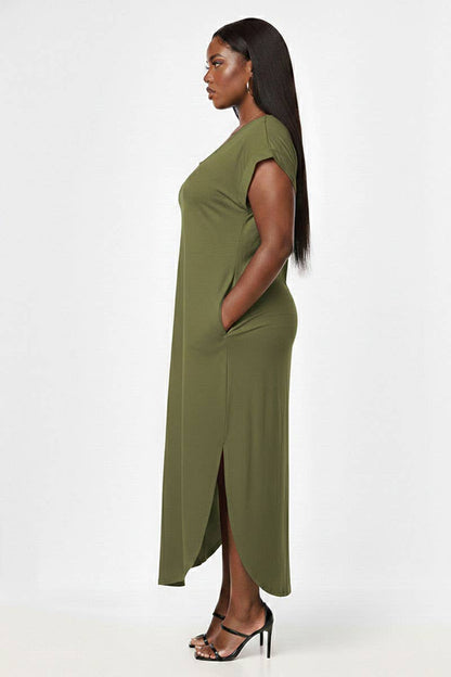 Plus Size Hidden Pocket Batwing Sleeve V Neck Long Dress: FUCHSIA / 2X