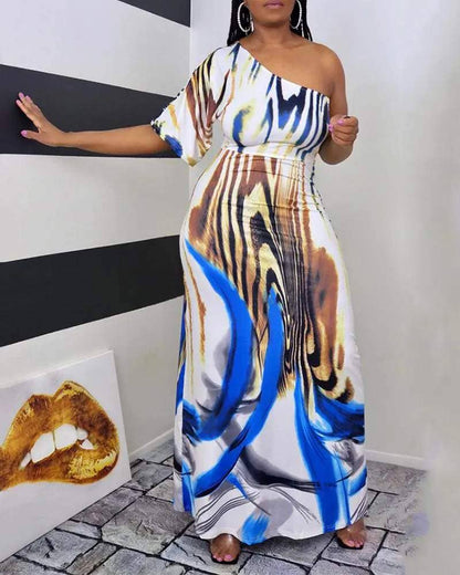 One shoulder animal pattern print maxi dress: MULTICOLOR / 1-2-2-2-1 / S-M-L-XL-2XL