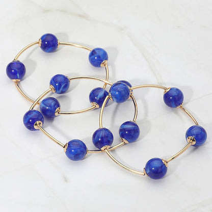 3PCS - Round Ball Wire Beaded Stretch Multi Layered Bracelets: Beige,Gold