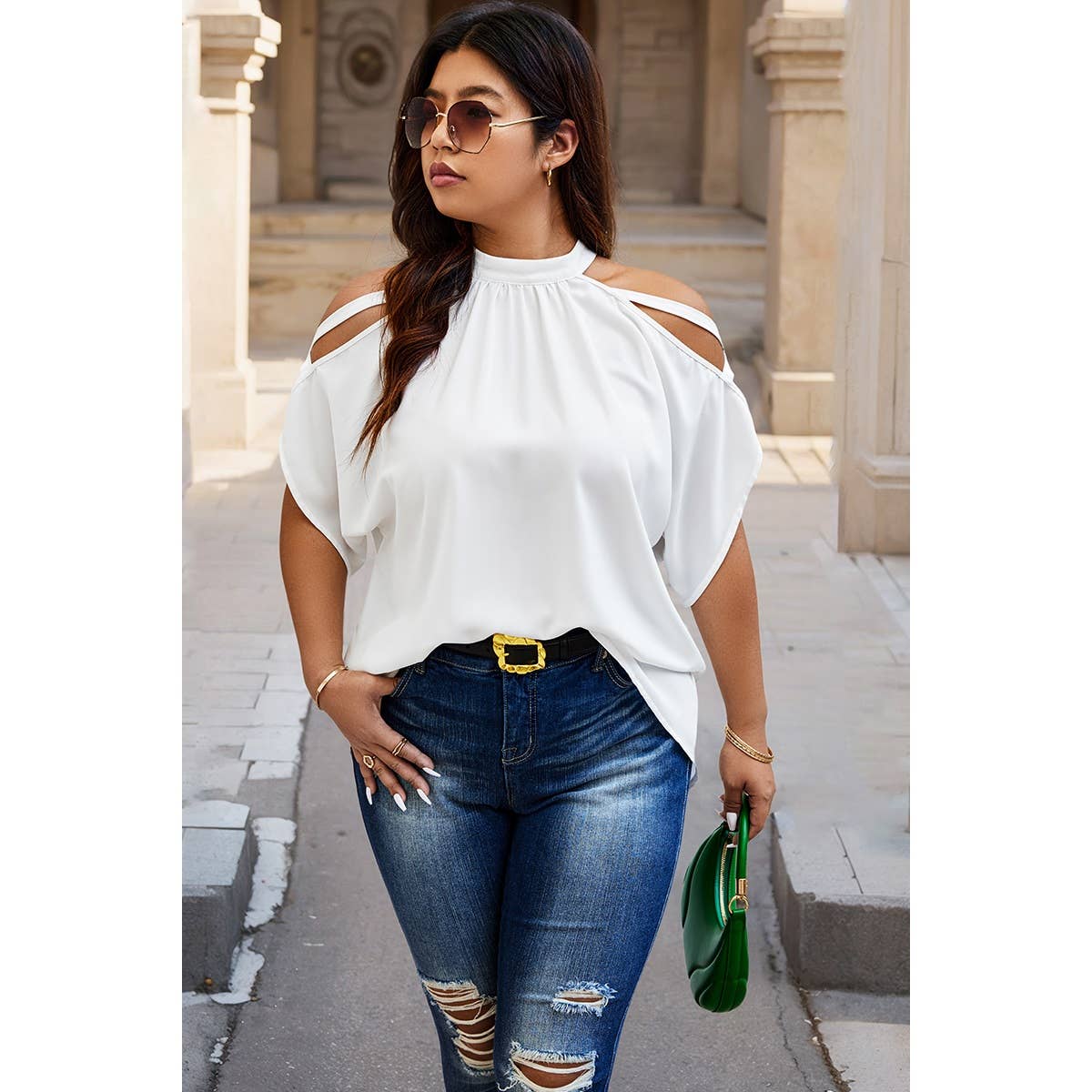 Plus Halter Open Shoulder Bat Sleeves Loose Top: WHITE / 2XL