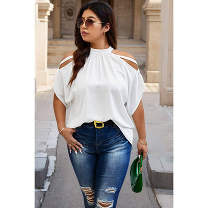 Plus Halter Open Shoulder Bat Sleeves Loose Top: WHITE / 2XL
