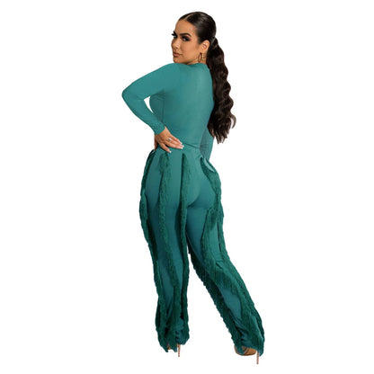 MB FASHION Long-Sleeve Fringe Top and Pants Set 223LY: ORANGE / M