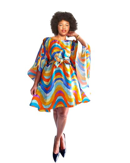 Faux Silk Wing Dress/Poncho Dress/ Wing Sleeves-Printed 25032D: Regular Size