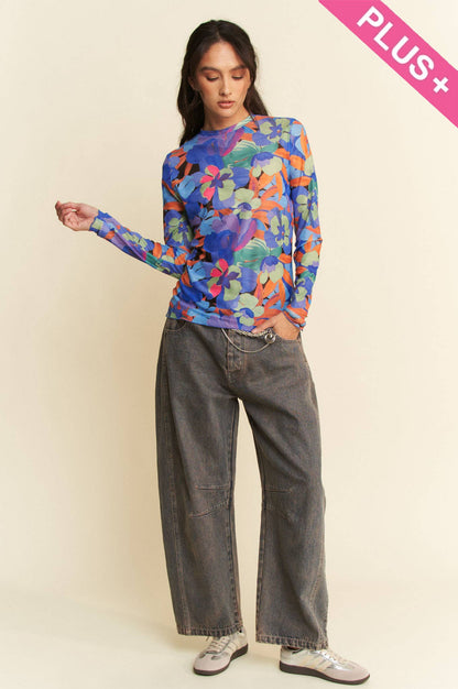 Plus - Vibrant Floral Print Mesh Long Sleeve Top: Pink Multi / 3XL