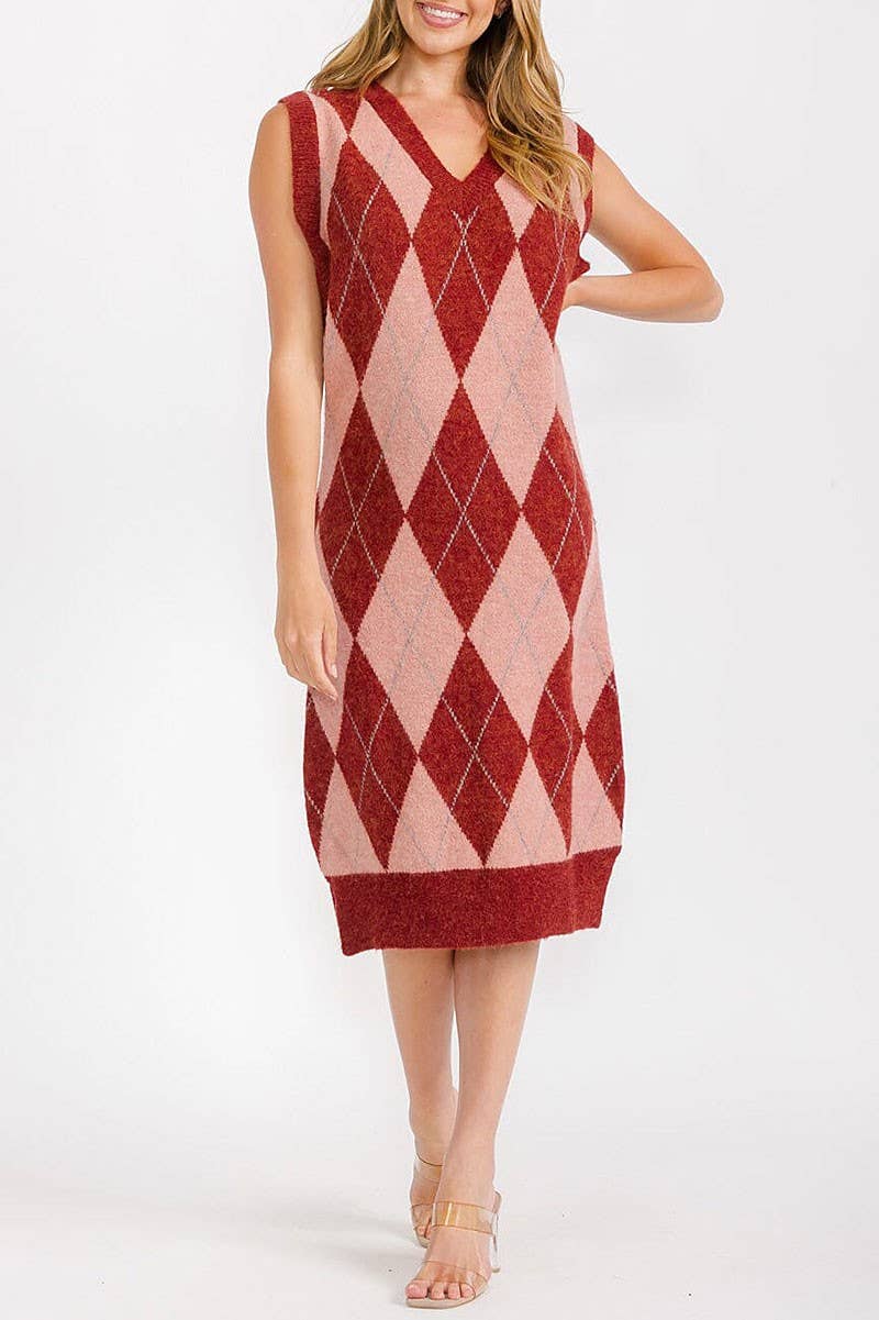 PRINTED COLOR BLOCK V NECK MIDI DRESS: BRICK / L