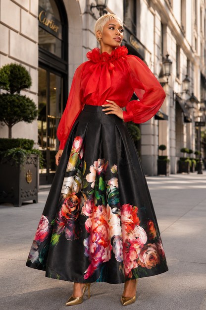 B11321 RUFFLE TIE NECKLINE ORGANZA TOP (RED, GRN, PNK): GREEN / M