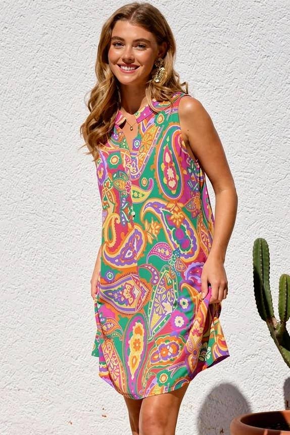 Mandarin Collar Dress: Multi / M
