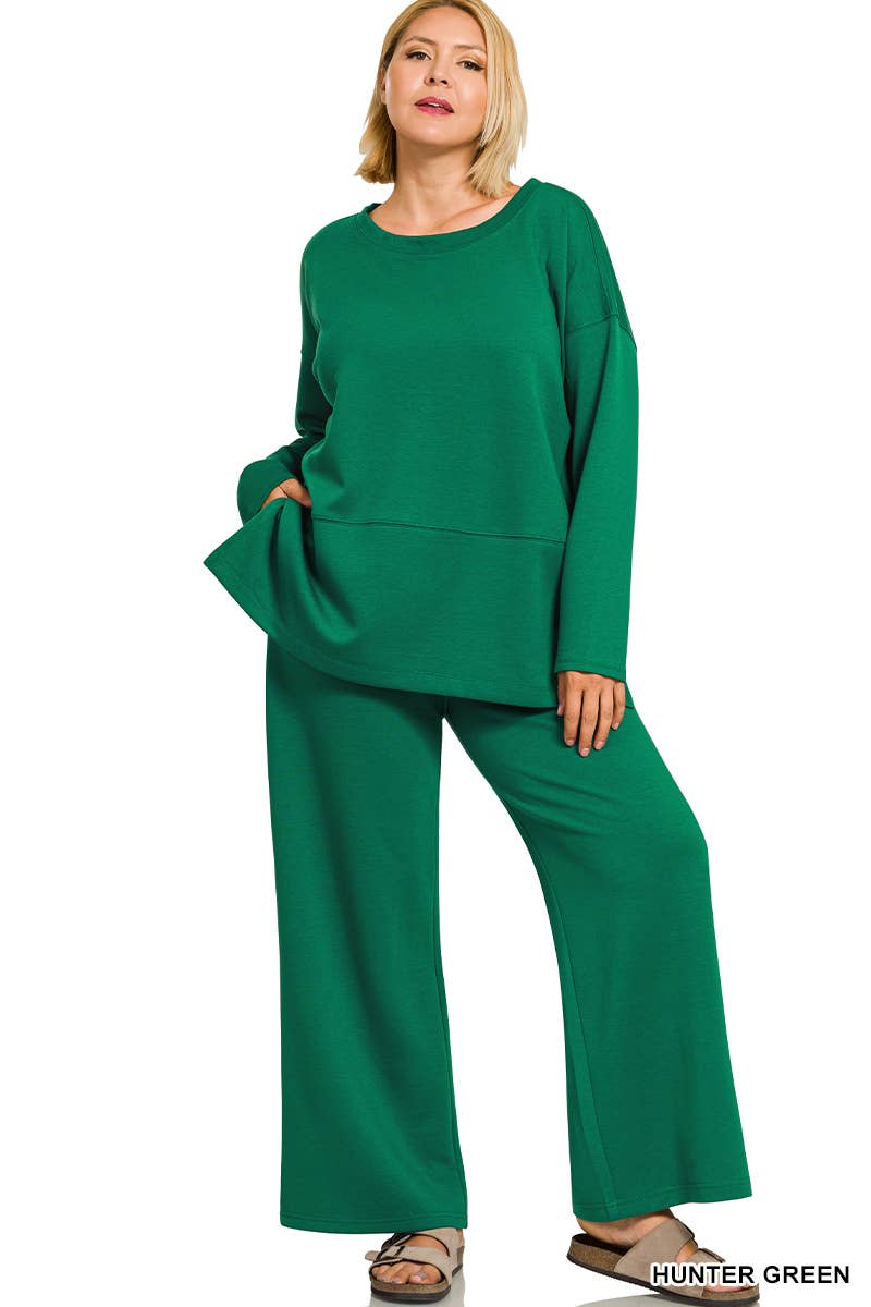 Plus Scuba Side Slit Top & Pants 2PC Set: +HUNTER GREEN-203717 / 3X