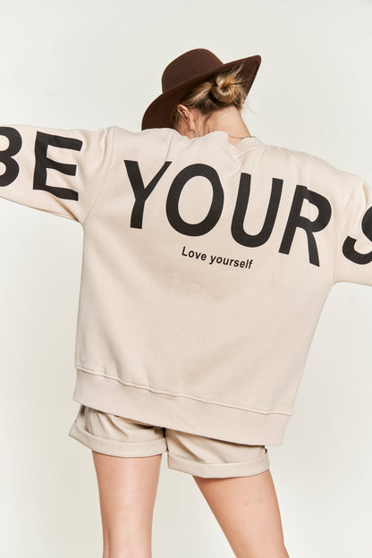Be Yourself Love Yourself Printed Oversized Sweatshirt: OLIVE / S