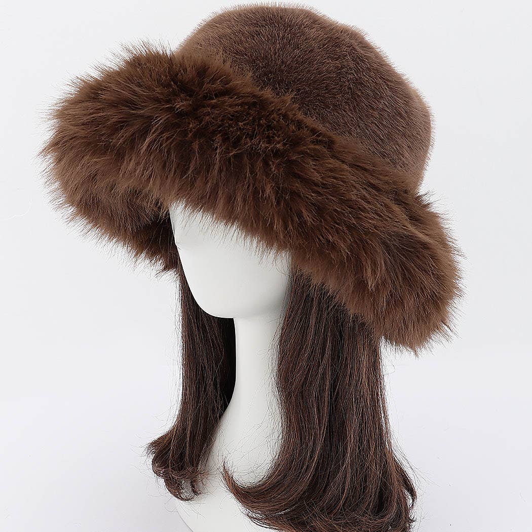 Wide Brim Faux Fur Bucket Hat: BK