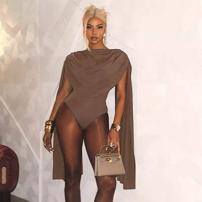 MB FASHION Draped Cape Sleeve Bodysuit 670: BURGUNDY / M
