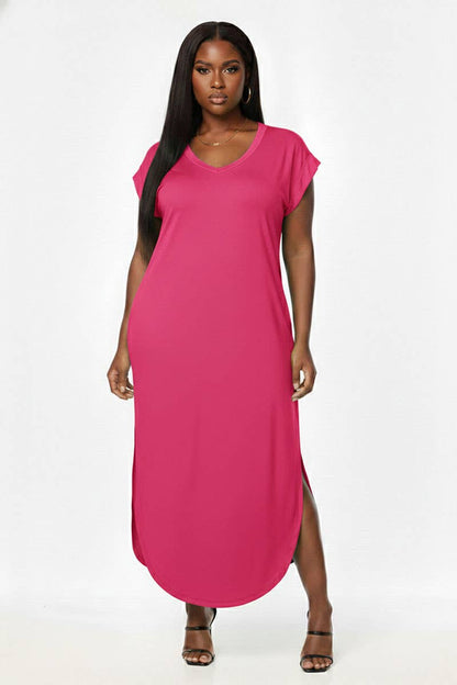 Plus Size Hidden Pocket Batwing Sleeve V Neck Long Dress: FUCHSIA / 1X