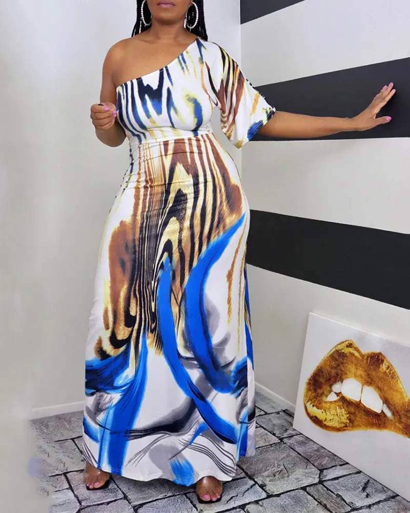 One shoulder animal pattern print maxi dress: MULTICOLOR / 1-2-2-2-1 / S-M-L-XL-2XL
