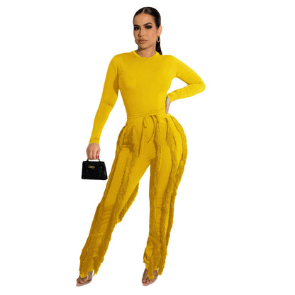 MB FASHION Long-Sleeve Fringe Top and Pants Set 223LY: BLUE / M
