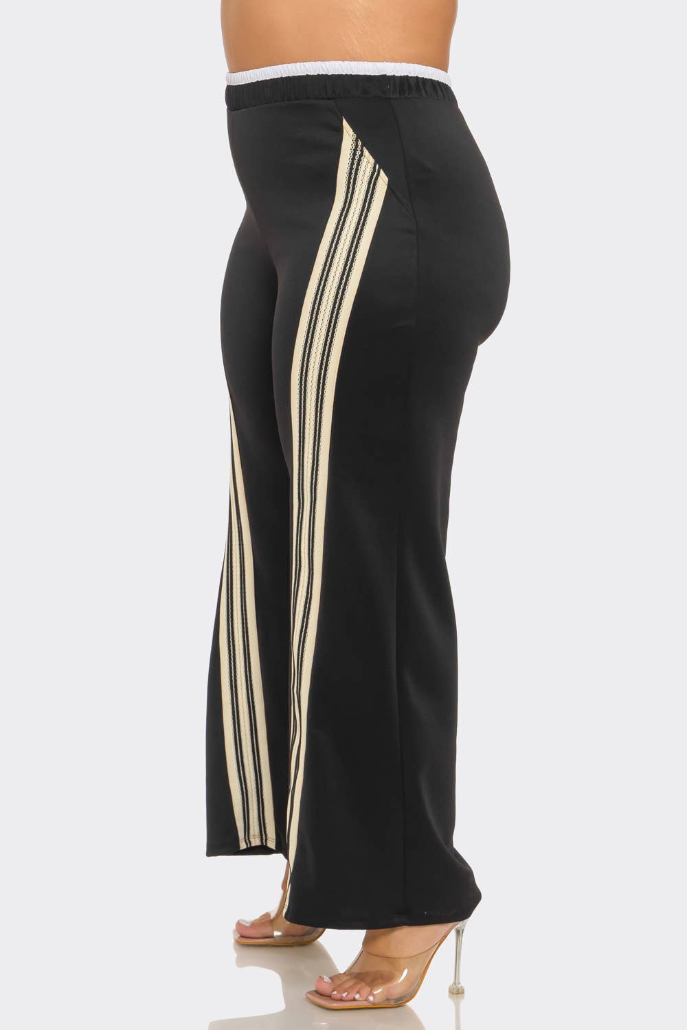 Plus Size Front Stripe Tapping Detail Wide Leg Pants: Black-White / 2-2-2 (1XL-2XL-3XL)