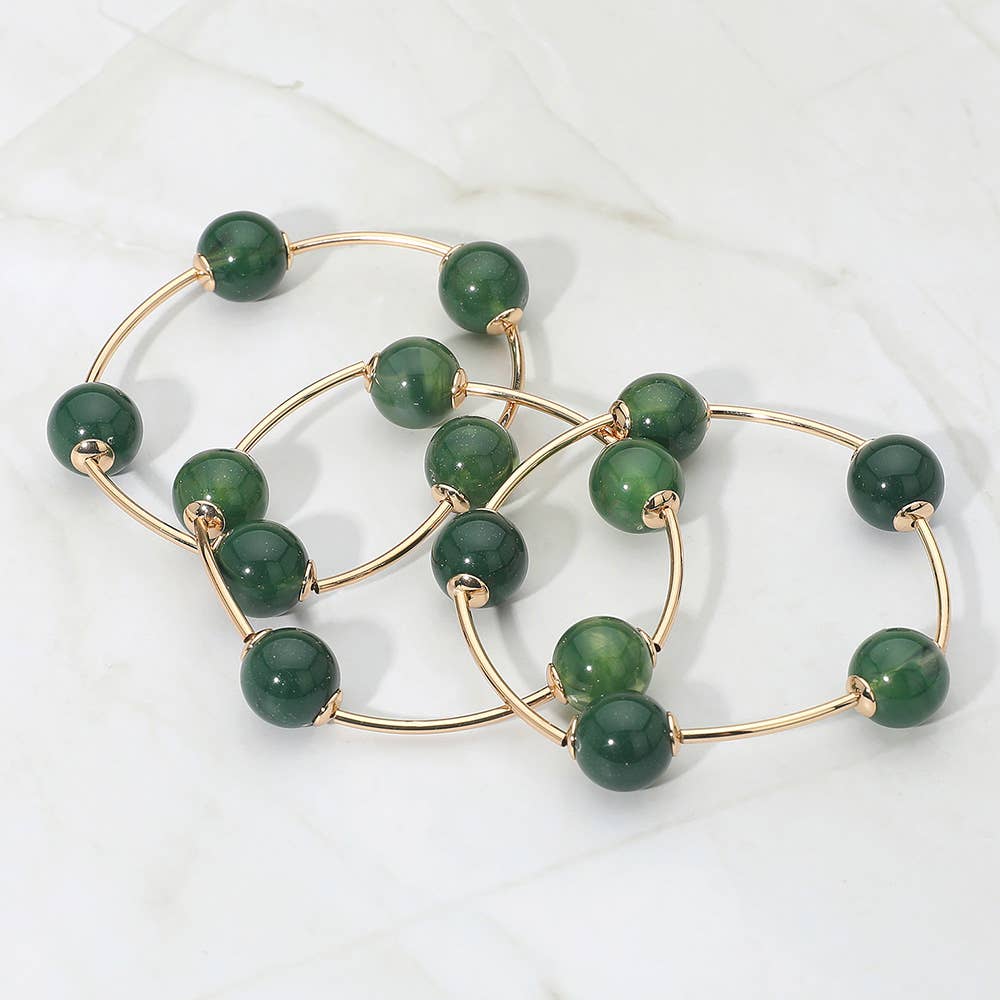 3PCS - Round Ball Wire Beaded Stretch Multi Layered Bracelets: Beige,Gold
