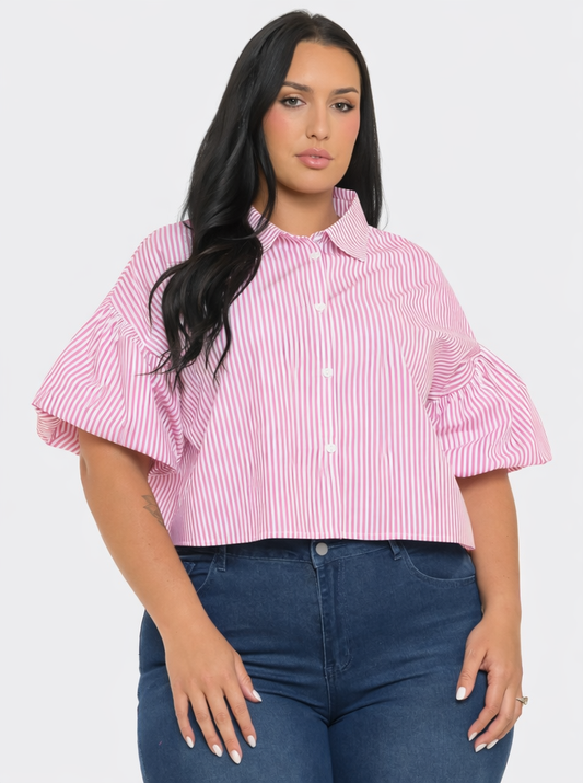 Plus Size Stripe Button Down Bubble Sleeve Shirts Crop Top : Pink / 2-2-2 (1XL-2XL-3XL)