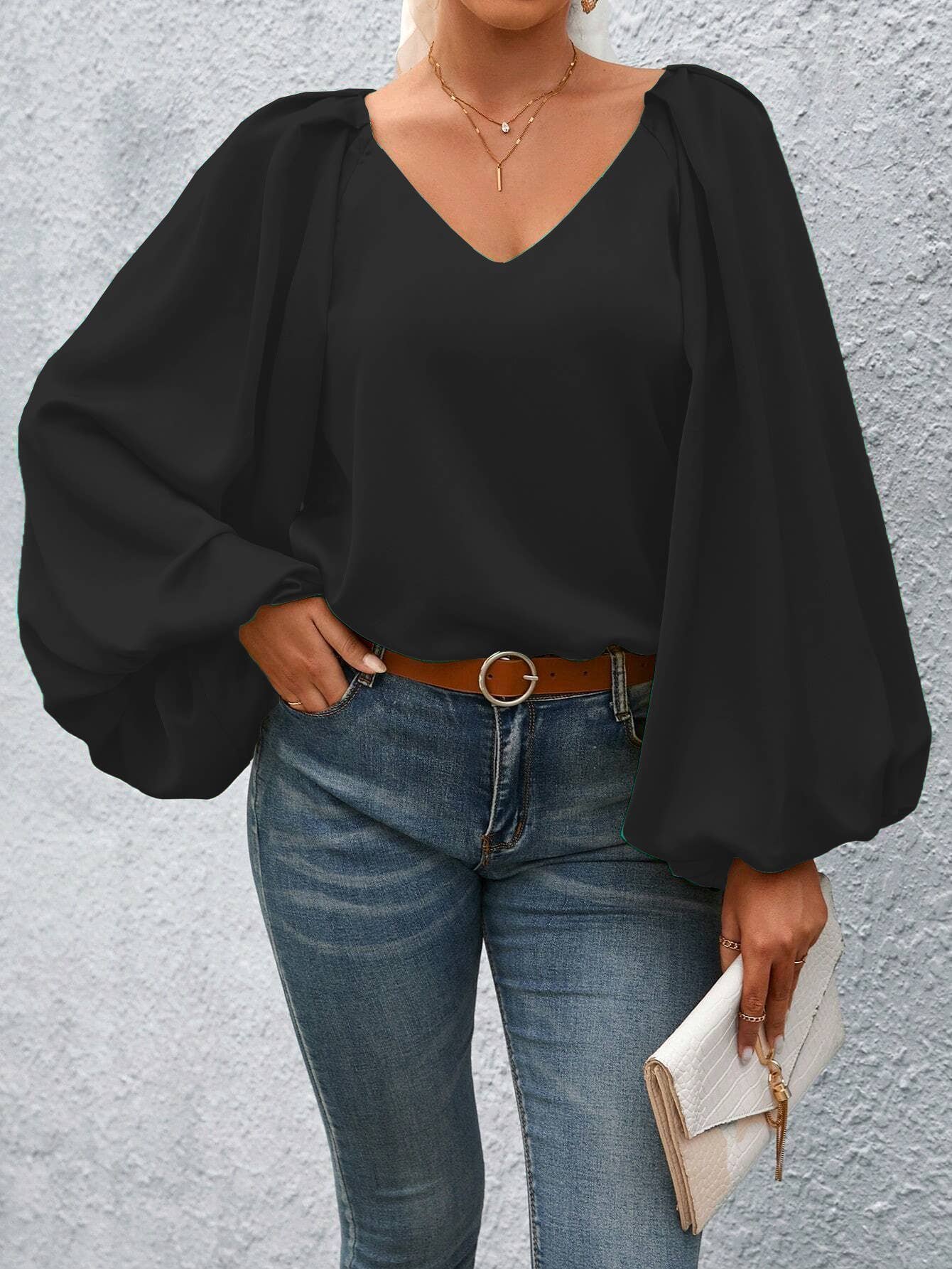 Lantern Sleeve Blouse: Orange / XL