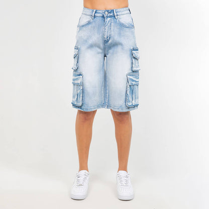PLUS SIZE MULTIPLE POCKETS LIGHT WASH DENIM JORTS