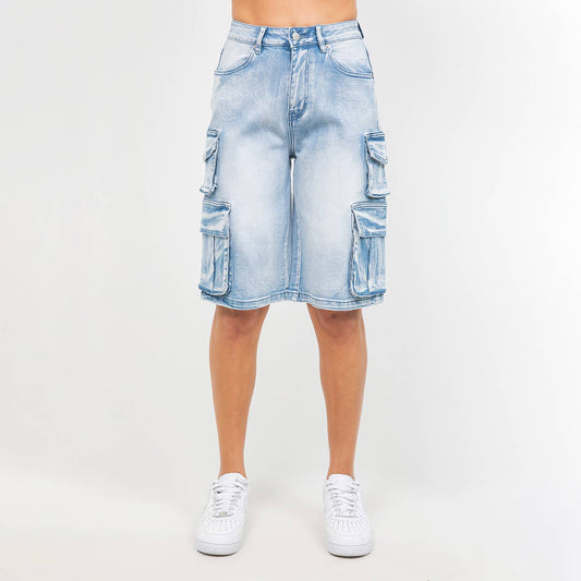PLUS SIZE MULTIPLE POCKETS LIGHT WASH DENIM JORTS
