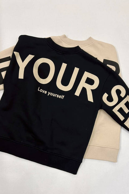 Be Yourself Love Yourself Printed Oversized Sweatshirt: OLIVE / S