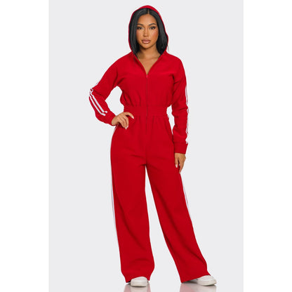 Striped Zip Up Hooded Jumpsuit: GREEN / S-M-L(2-2-2)