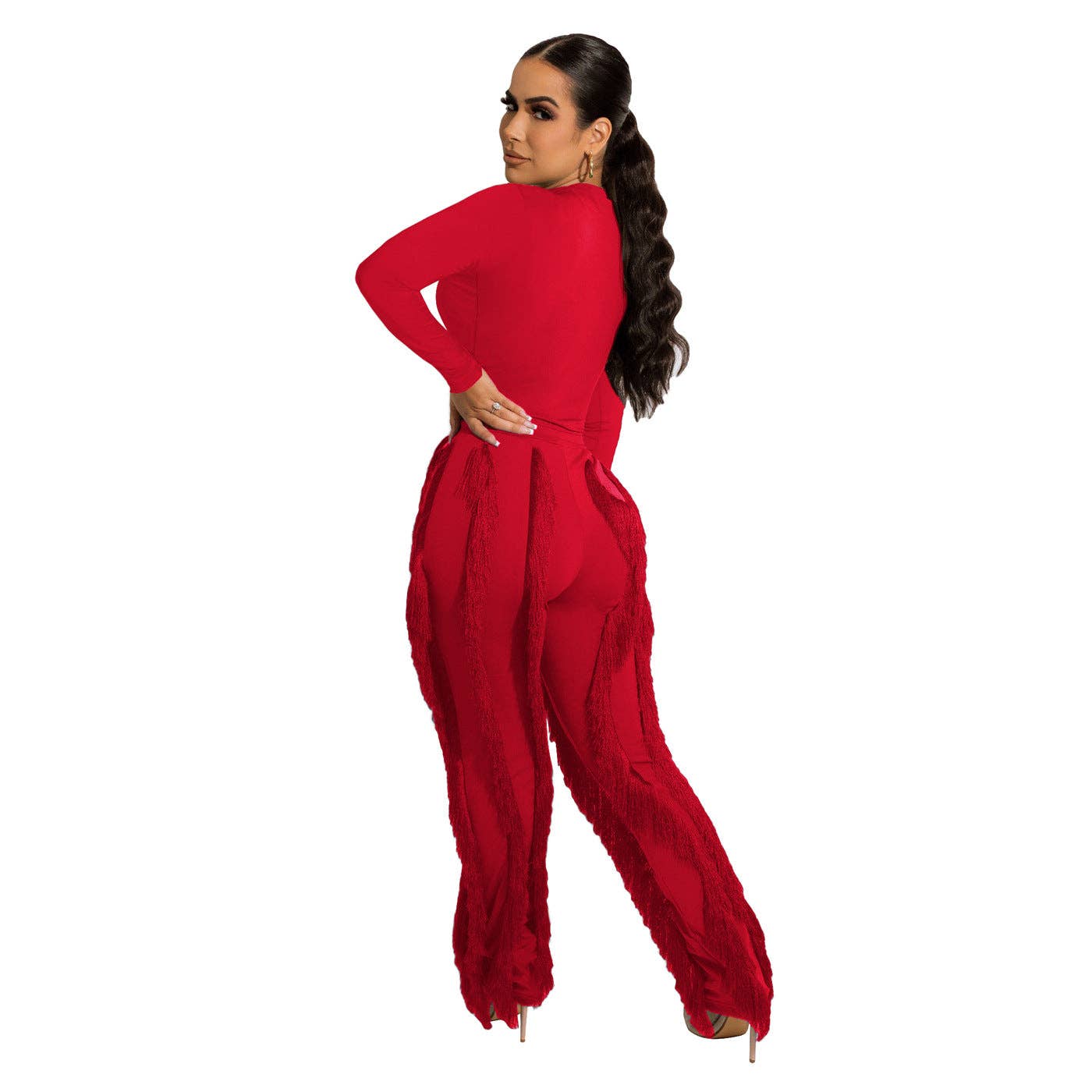 MB FASHION Long-Sleeve Fringe Top and Pants Set 223LY: ROSE / M