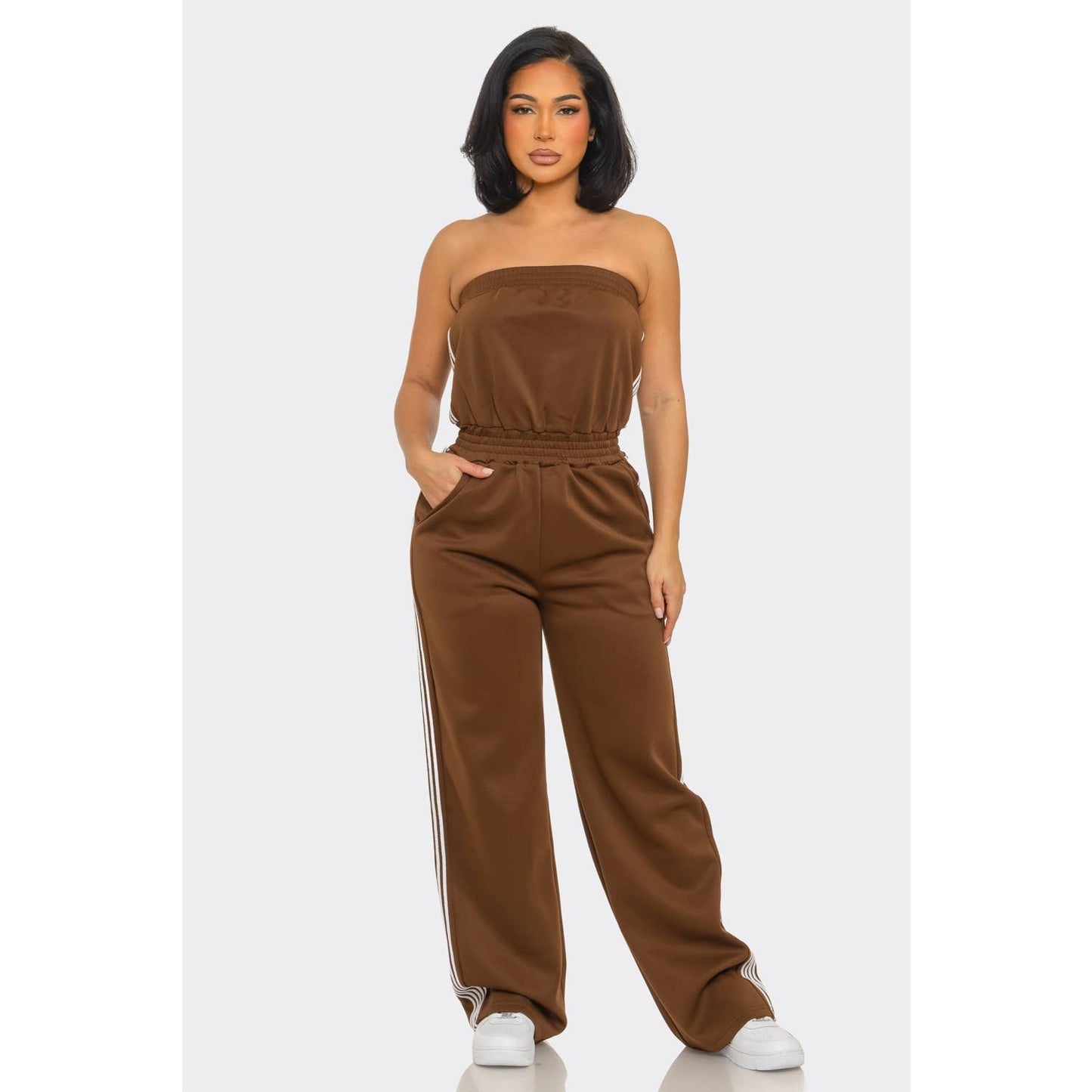 Side Stripe Jumpsuit: MOCHA / S-M-L(2-2-2)