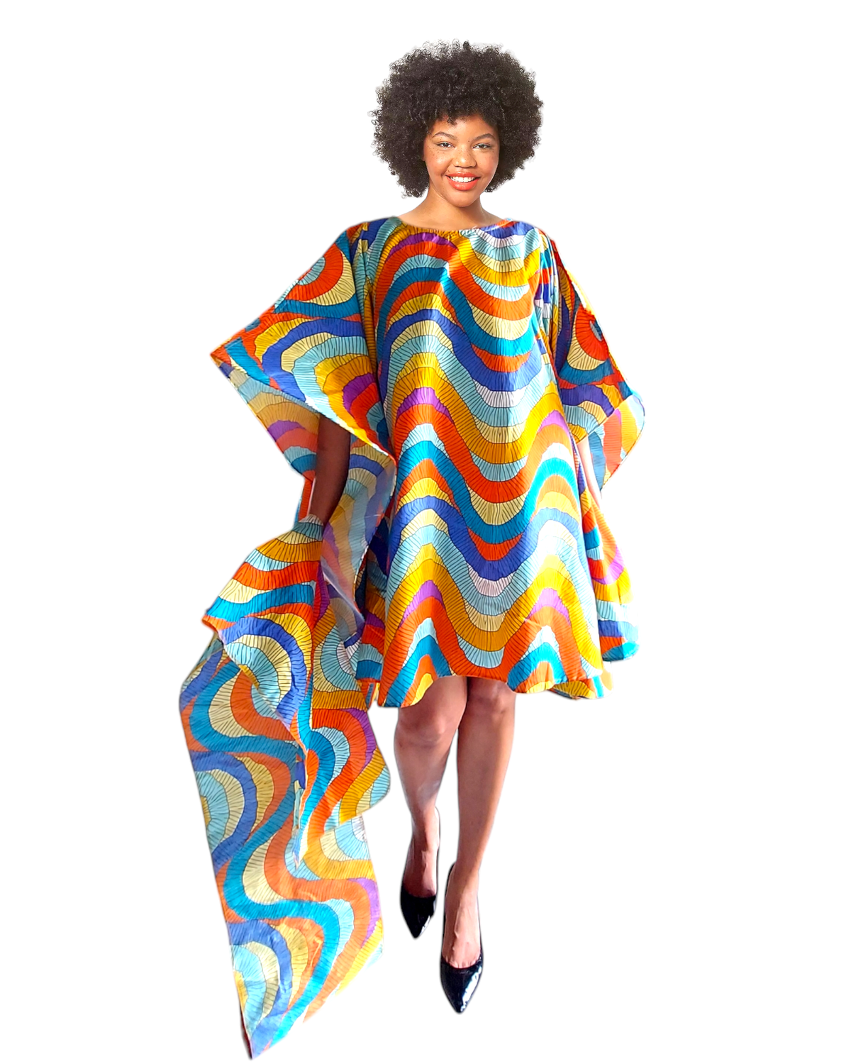 Faux Silk Wing Dress/Poncho Dress/ Wing Sleeves-Printed 25032D: Regular Size