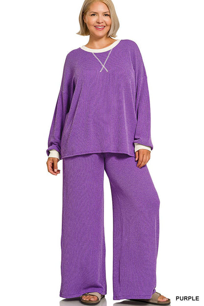 Plus Raised Rib Round Neck Pullover & Pants 2PC Set: +GREY-205252 / 1X