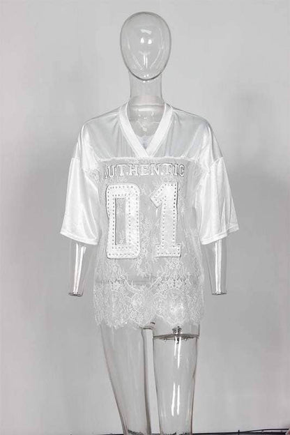Rhinestone lace patchwork jersey: BLACK / 1-2-2-1 / S-M-L-XL
