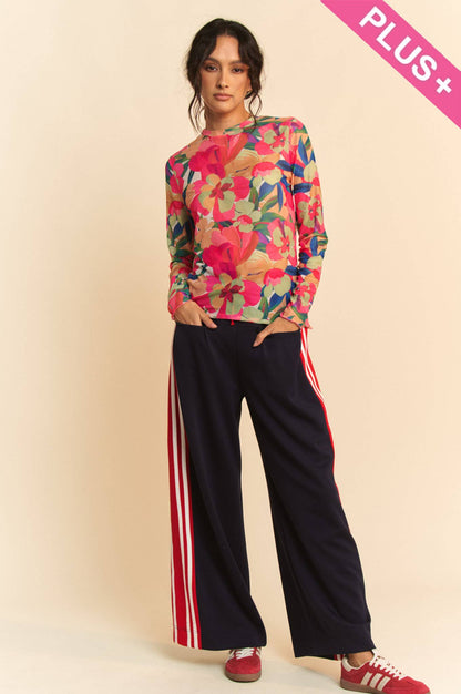 Plus - Vibrant Floral Print Mesh Long Sleeve Top: Pink Multi / 3XL