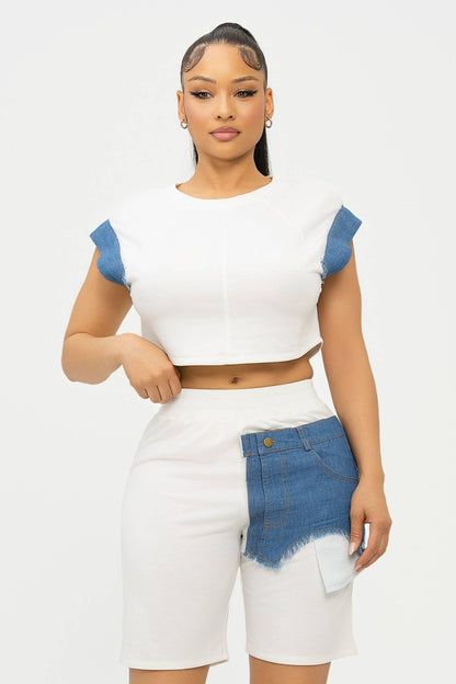 Color Block Denim Sleeve Top And Biker Shorts Set: Fuchsia-Denim / 1-2-2-1 (S-M-L-XL)