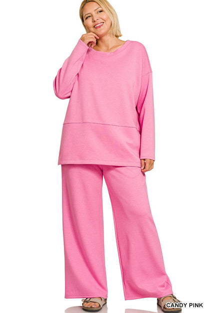 Plus Scuba Side Slit Top & Pants 2PC Set: +HUNTER GREEN-203717 / 3X