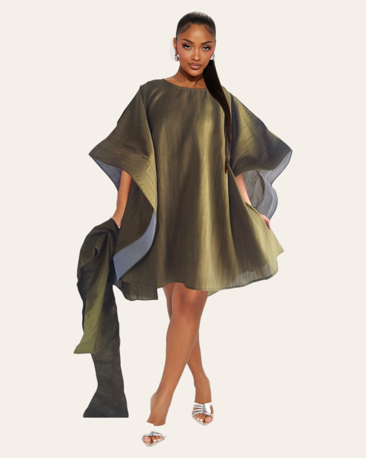 Faux Silk Wing Dress/Poncho Dress/ Wing Sleeves- Olive: Plus size
