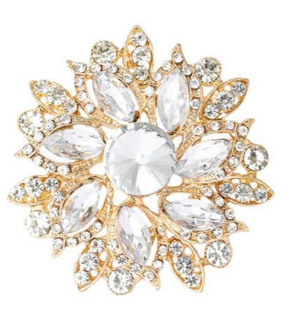 Encrusted Transparent Gold Round Brooch