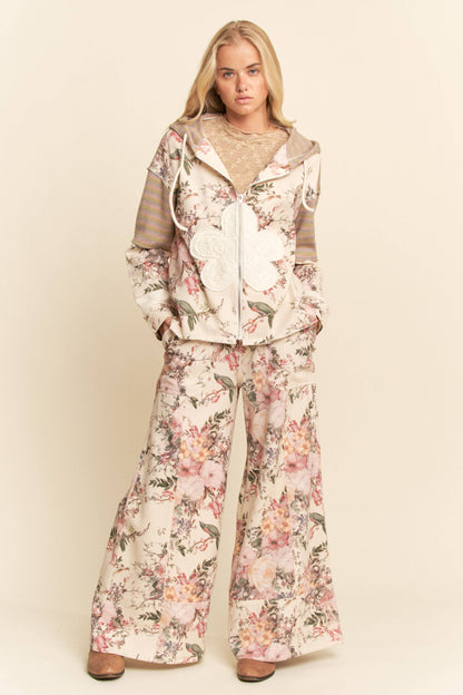 Plus - Washed Floral Print Wide-Leg Pants: NAVY DOT / 3XL