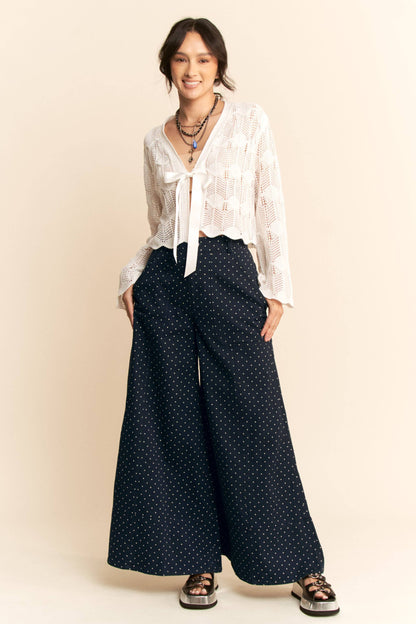 Plus - Washed Floral Print Wide-Leg Pants: NAVY DOT / 3XL