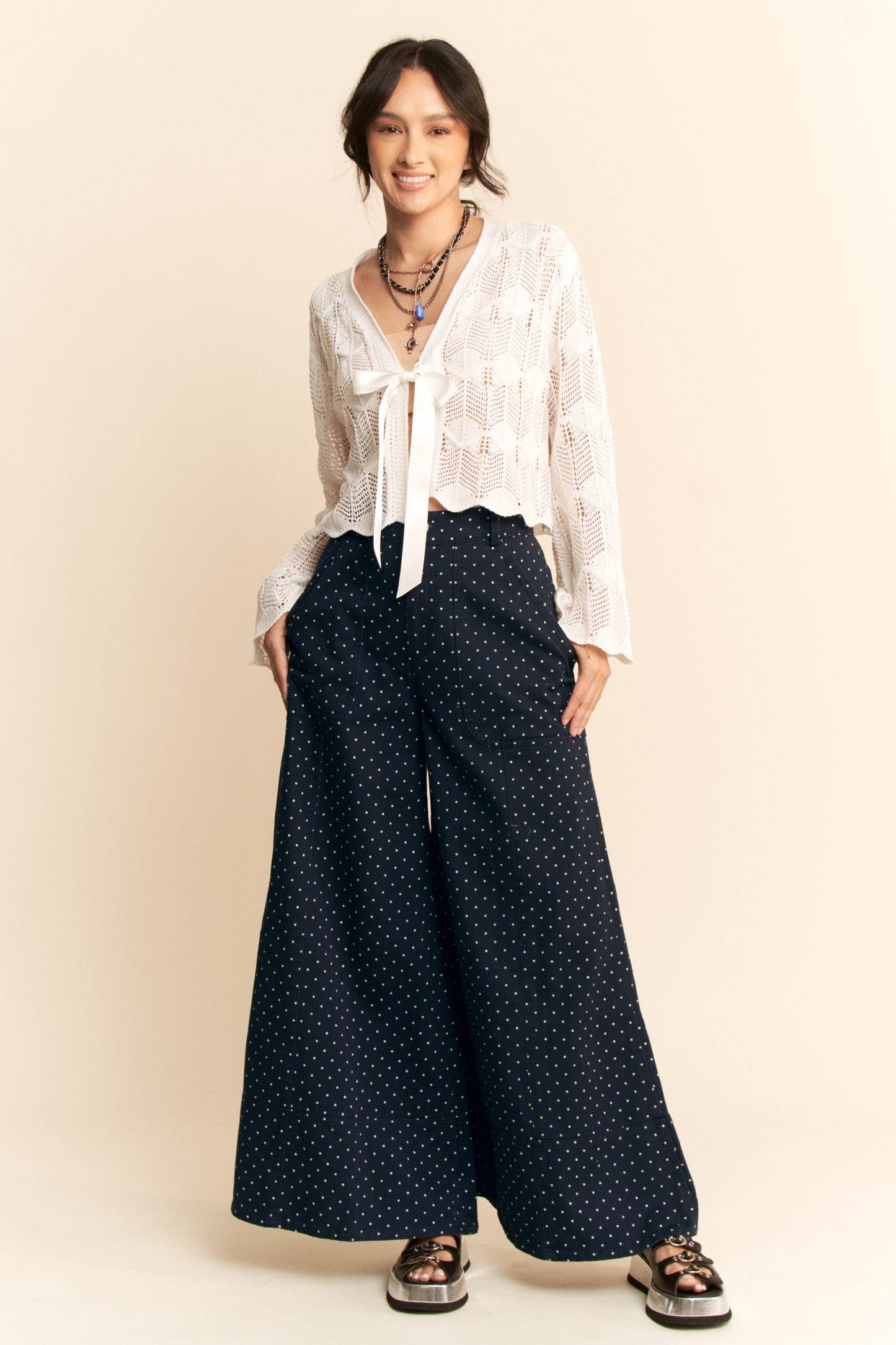 Plus - Washed Floral Print Wide-Leg Pants: NAVY DOT / 1XL