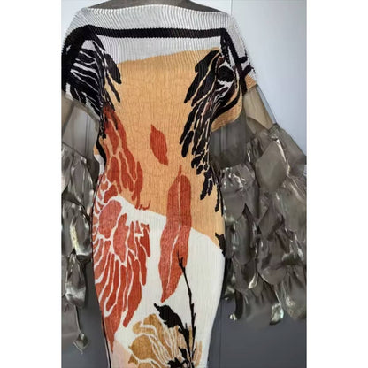 Golden Bloom Ruffle Sleeves Dress: ORANGE / ONE SIZE(6)