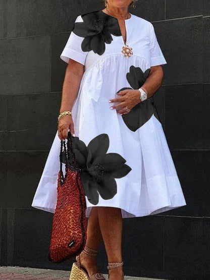 A-Line Loose Flower Print Pleated V-Neck Midi Dresses: GREEN / XL