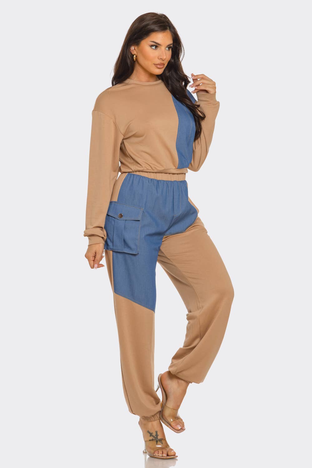 French Terry Color Block Denim Detail Top Pockets Pants Set: Black / 2-2-2 (S-M-L)