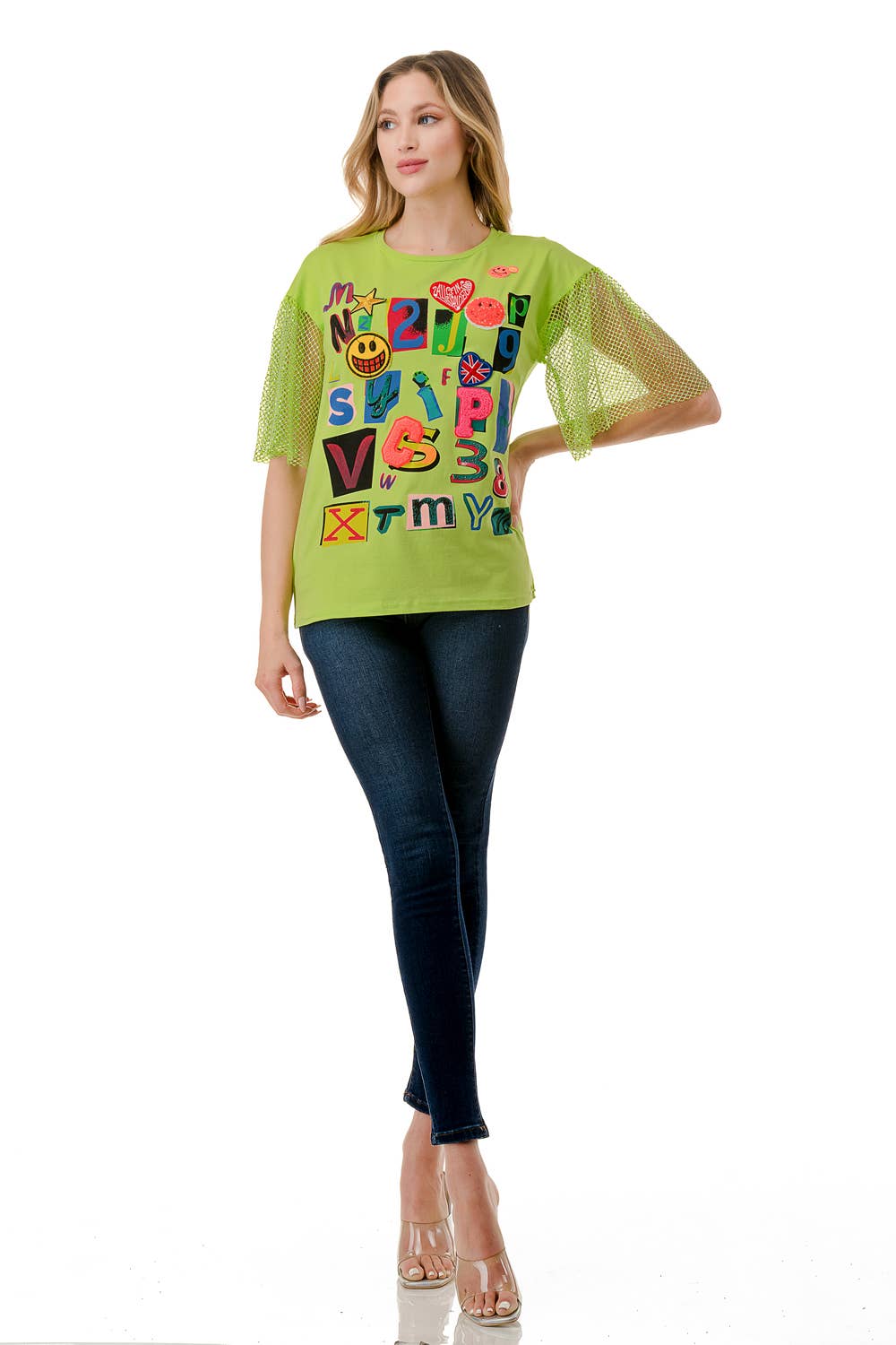 (ST2736)Fishnet Sleeves Mosaic T-shirts: Green / M