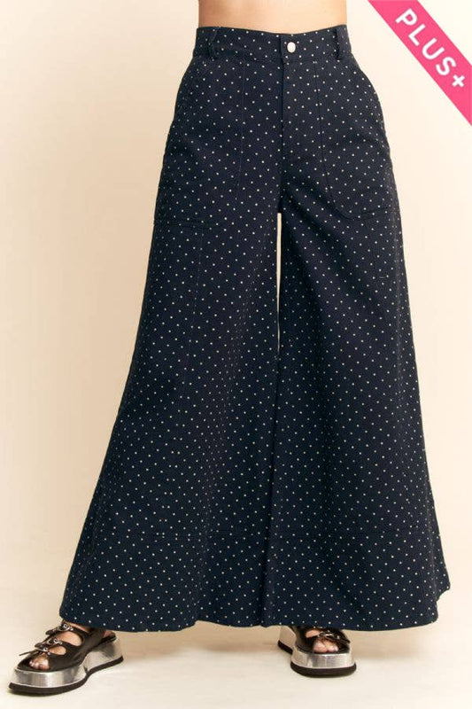 Plus - Washed Floral Print Wide-Leg Pants: NAVY DOT / 1XL