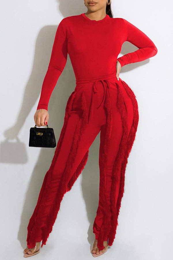 MB FASHION Long-Sleeve Fringe Top and Pants Set 223LY: ORANGE / M