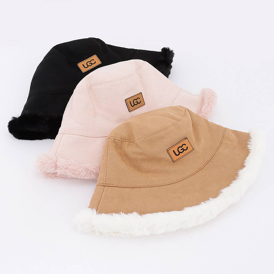 Fleece Trim Suede Bucket Hat With Logo Patch: BG